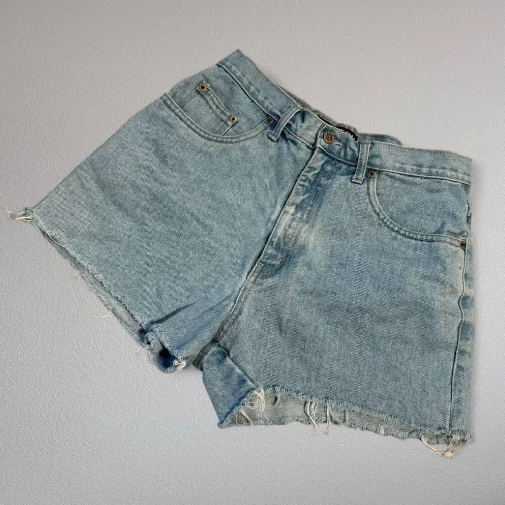 Halston Blue Denim Jean Shorts 28” 6 High Waisted Cut Off Medium Wash